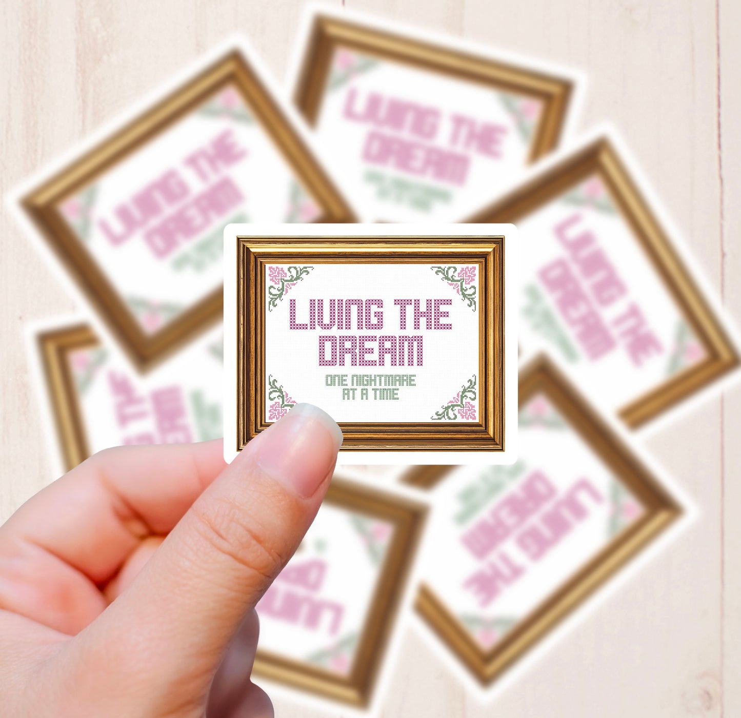 Motivational Cross Stitch, Living the Dream, Vinyl Sticker