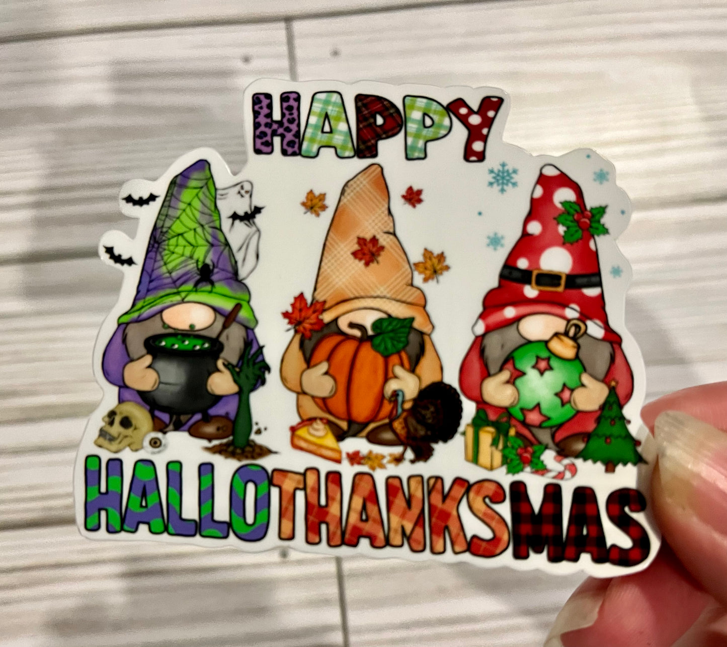 Happy Hallothanksmas Gnomes, Vinyl Sticker